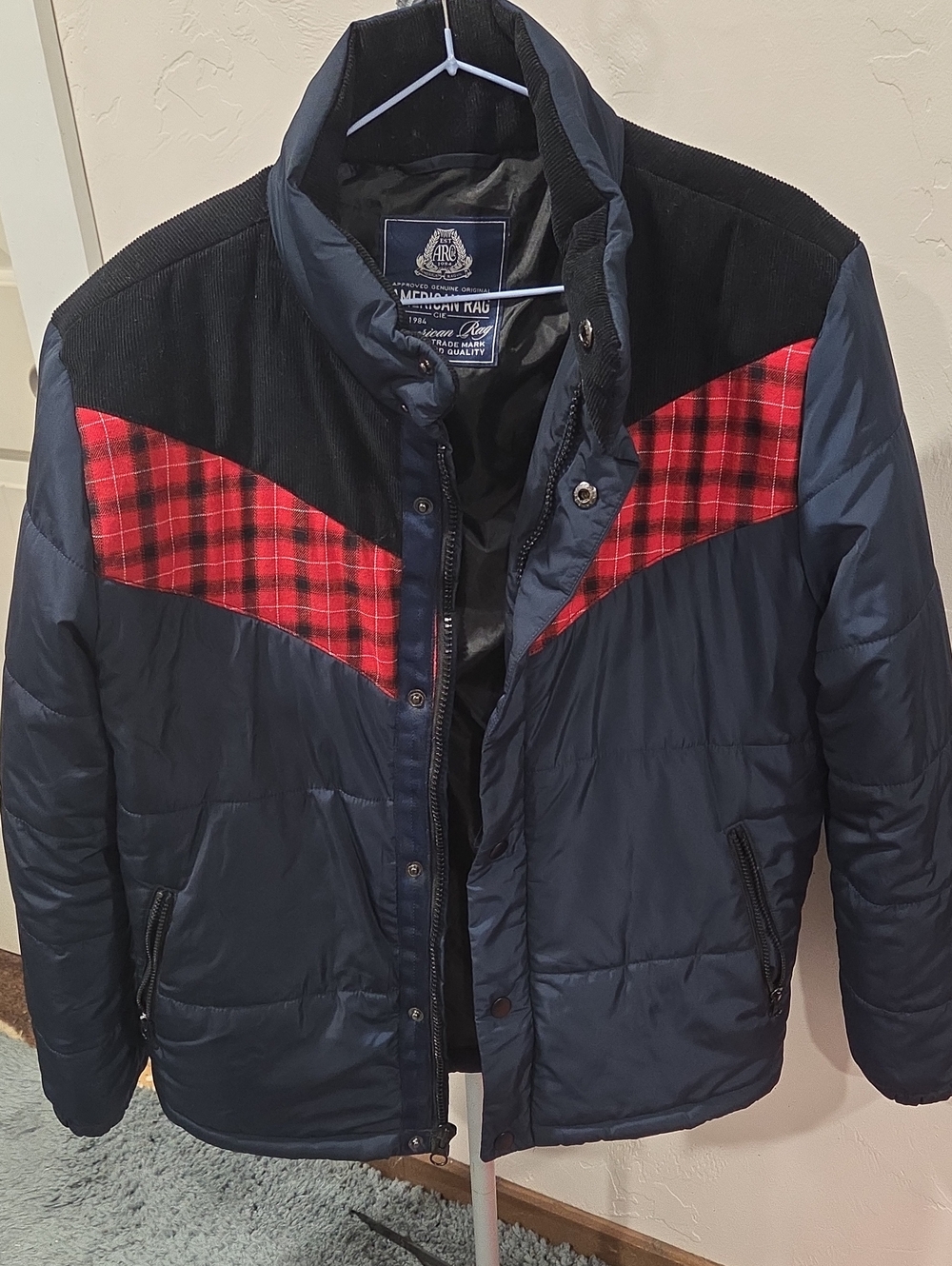 Navy Quilted Jacket with Red Plaid Accent